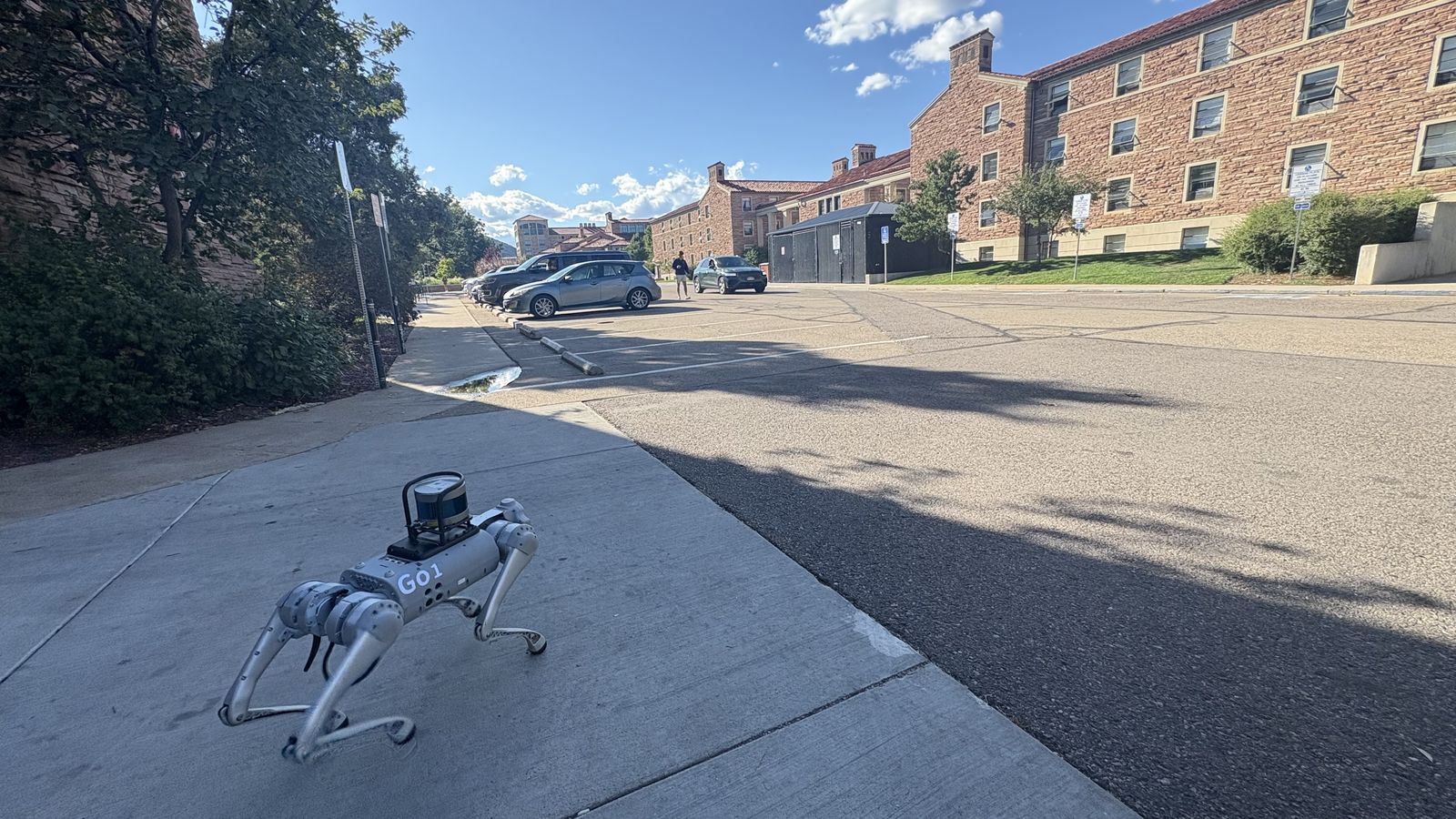 Unitree Go1 quadruped robot navigating on asphalt terrain